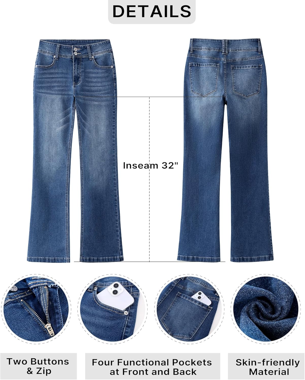 GRAPENT Wide Leg Jeans for Women Trendy High Waisted Flare Stretchy Denim Pants Baggy Dual Button Trouser Jeans PocketsDark Blue