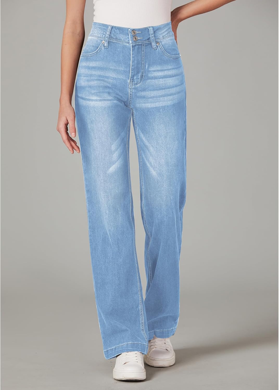 GRAPENT Wide Leg Jeans for Women Trendy High Waisted Flare Stretchy Denim Pants Baggy Dual Button Trouser Jeans PocketsIndigo Medium Blue