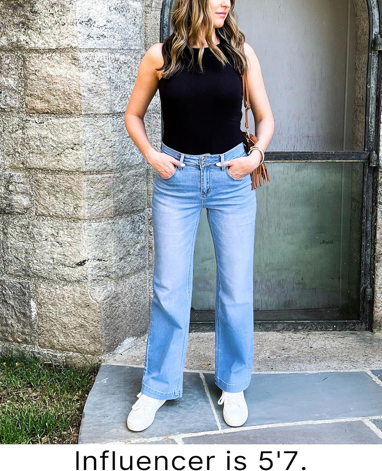 GRAPENT Wide Leg Jeans for Women Trendy High Waisted Flare Stretchy Denim Pants Baggy Dual Button Trouser Jeans PocketsIndigo Medium Blue