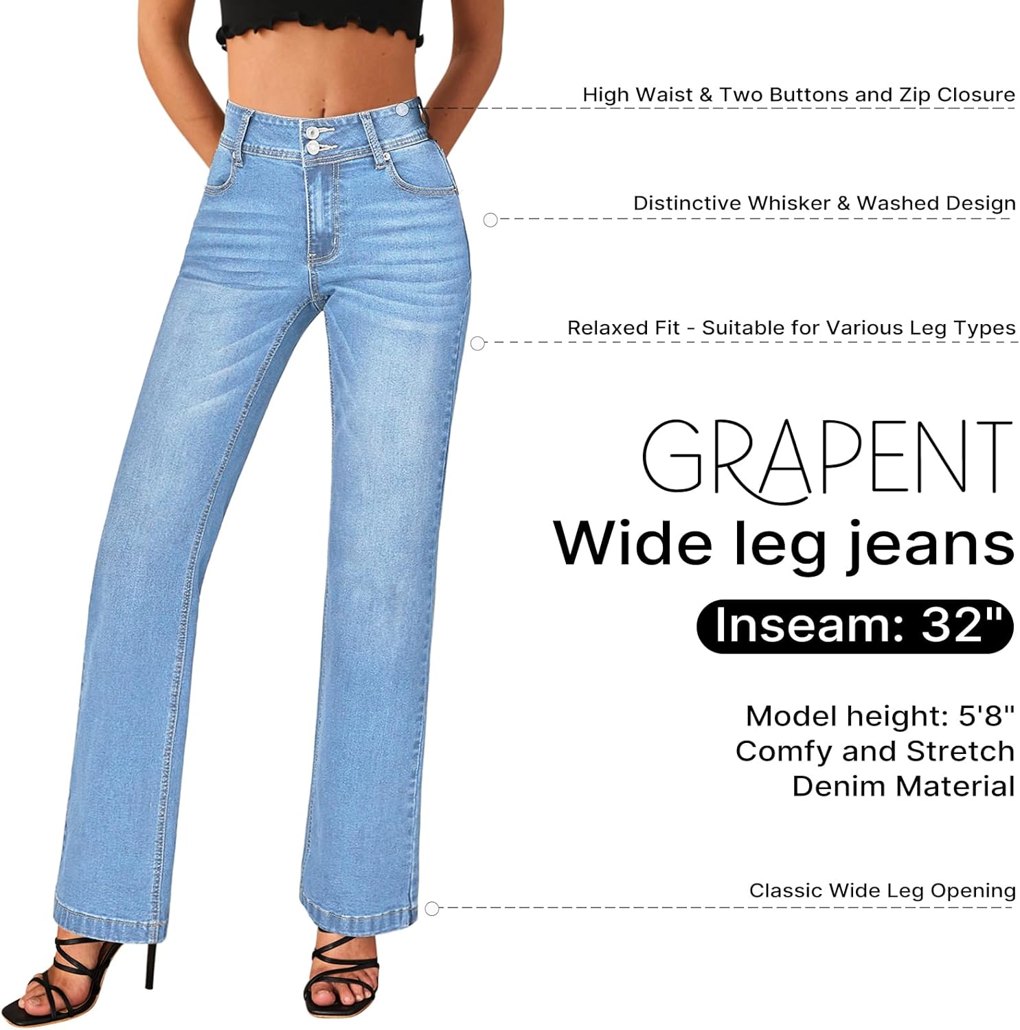 GRAPENT Wide Leg Jeans for Women Trendy High Waisted Flare Stretchy Denim Pants Baggy Dual Button Trouser Jeans PocketsIndigo Medium Blue