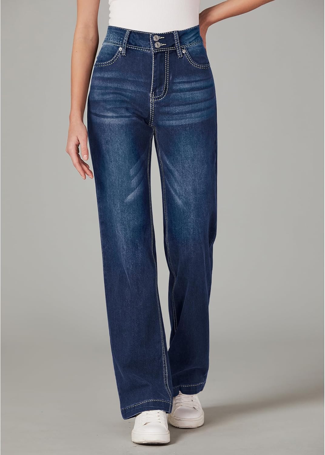 GRAPENT Wide Leg Jeans for Women Trendy High Waisted Flare Stretchy Denim Pants Baggy Dual Button Trouser Jeans PocketsIndigo Skyblue