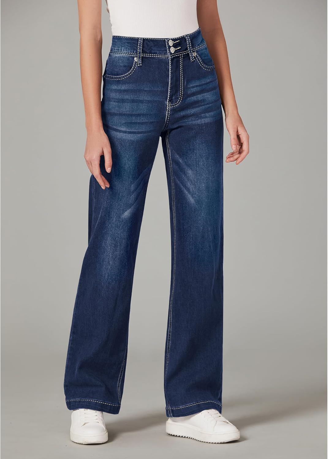 GRAPENT Wide Leg Jeans for Women Trendy High Waisted Flare Stretchy Denim Pants Baggy Dual Button Trouser Jeans PocketsIndigo Skyblue
