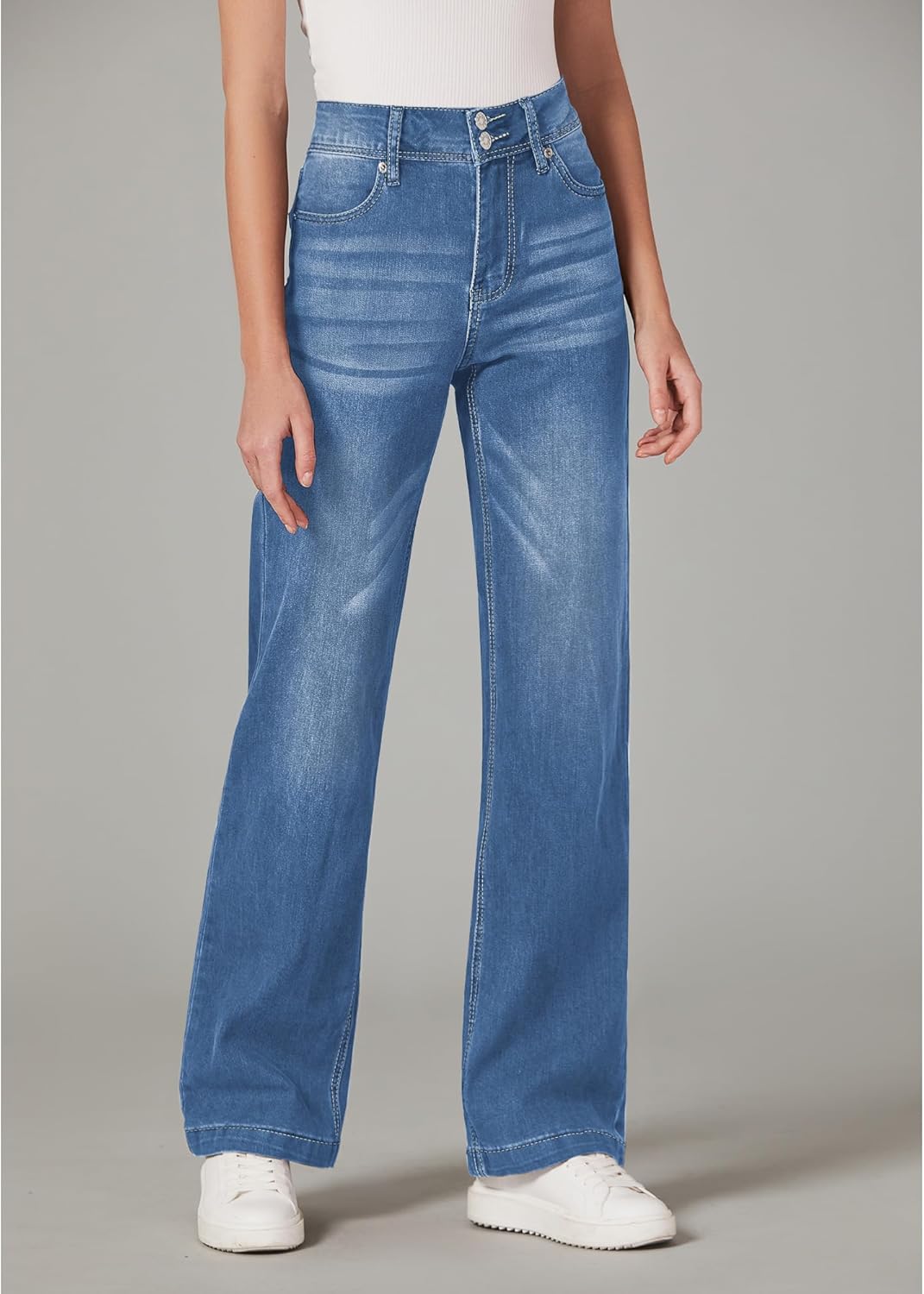 GRAPENT Wide Leg Jeans for Women Trendy High Waisted Flare Stretchy Denim Pants Baggy Dual Button Trouser Jeans PocketsLapis Longing