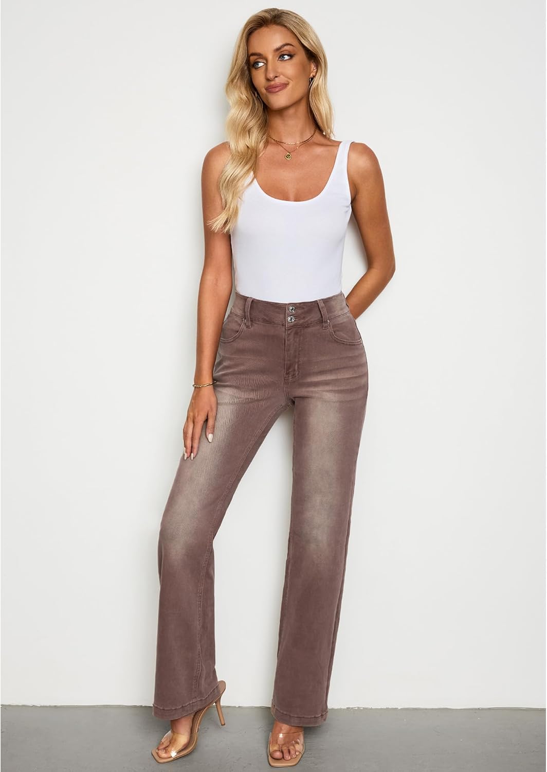 GRAPENT Wide Leg Jeans for Women Trendy High Waisted Flare Stretchy Denim Pants Baggy Dual Button Trouser Jeans PocketsPecan Brown