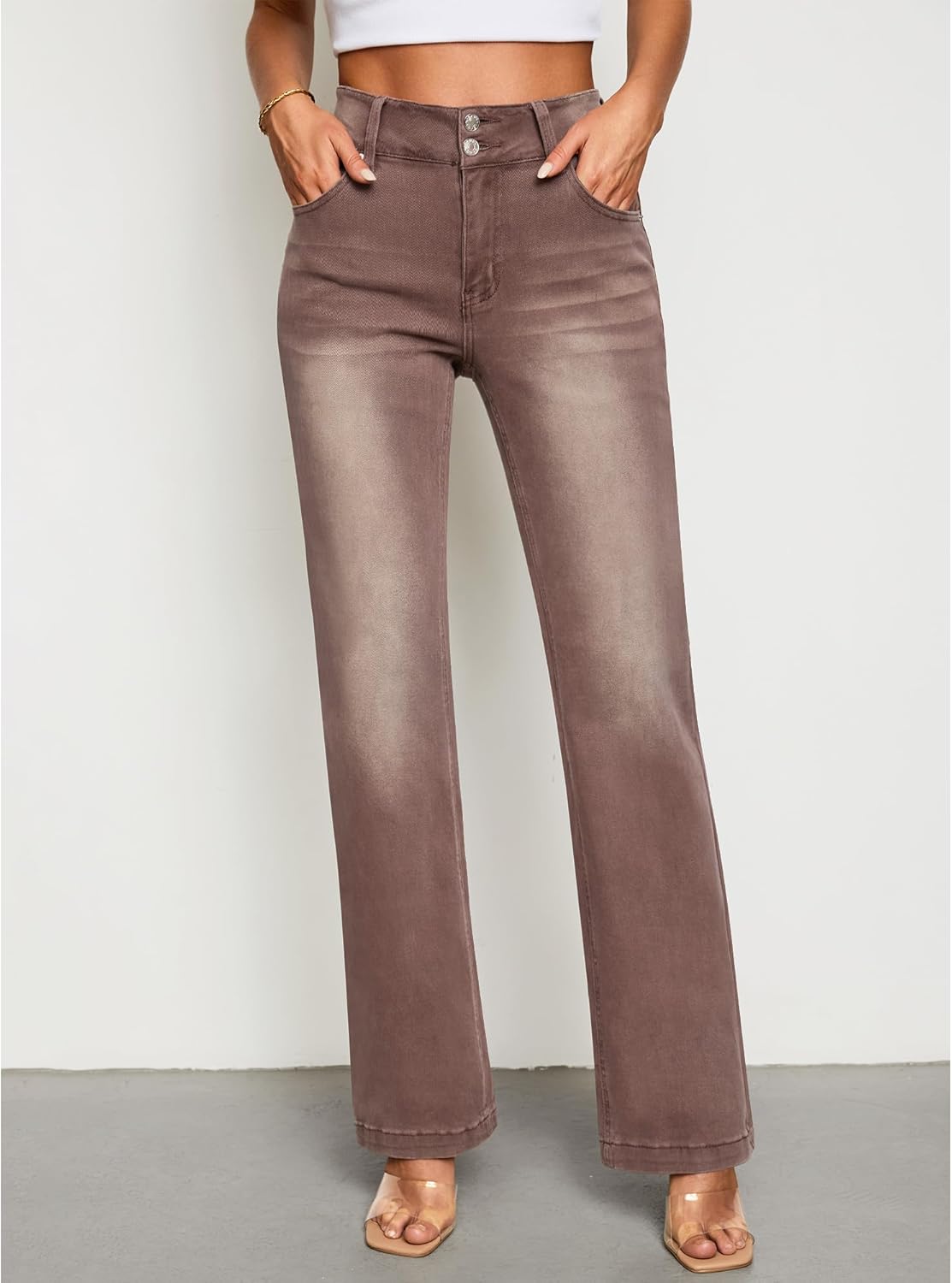 GRAPENT Wide Leg Jeans for Women Trendy High Waisted Flare Stretchy Denim Pants Baggy Dual Button Trouser Jeans PocketsPecan Brown
