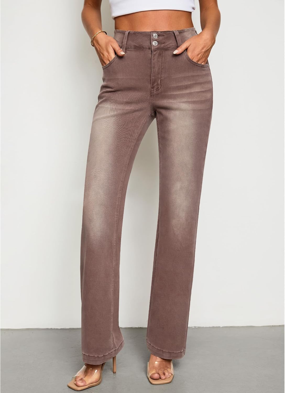GRAPENT Wide Leg Jeans for Women Trendy High Waisted Flare Stretchy Denim Pants Baggy Dual Button Trouser Jeans PocketsPecan Brown