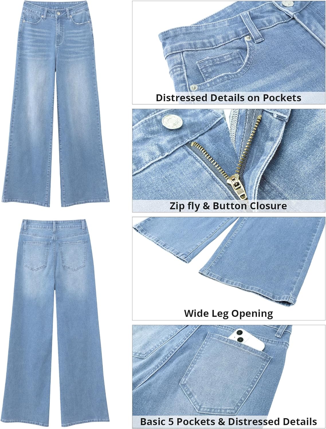GRAPENT Wide Leg Jeans for Women Trendy High Waisted Stretchy Denim Pants 90s Baggy Jeans Trouser Jeans with PocketsBay Blue