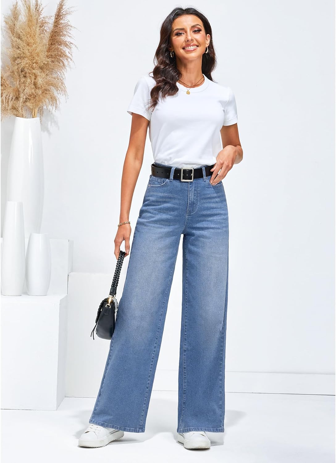 GRAPENT Wide Leg Jeans for Women Trendy High Waisted Stretchy Denim Pants 90s Baggy Jeans Trouser Jeans with PocketsCool Blue