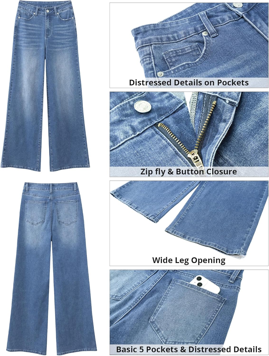 GRAPENT Wide Leg Jeans for Women Trendy High Waisted Stretchy Denim Pants 90s Baggy Jeans Trouser Jeans with PocketsCool Blue