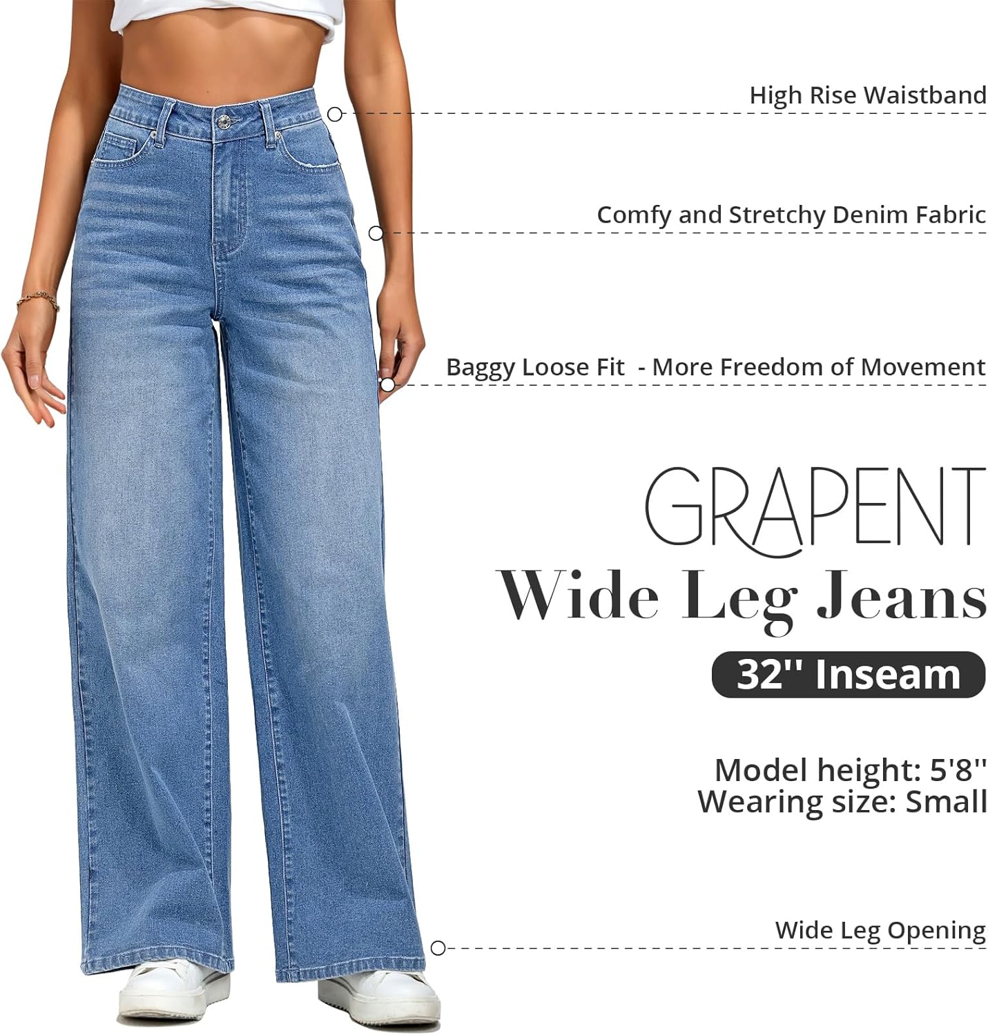 GRAPENT Wide Leg Jeans for Women Trendy High Waisted Stretchy Denim Pants 90s Baggy Jeans Trouser Jeans with PocketsCool Blue