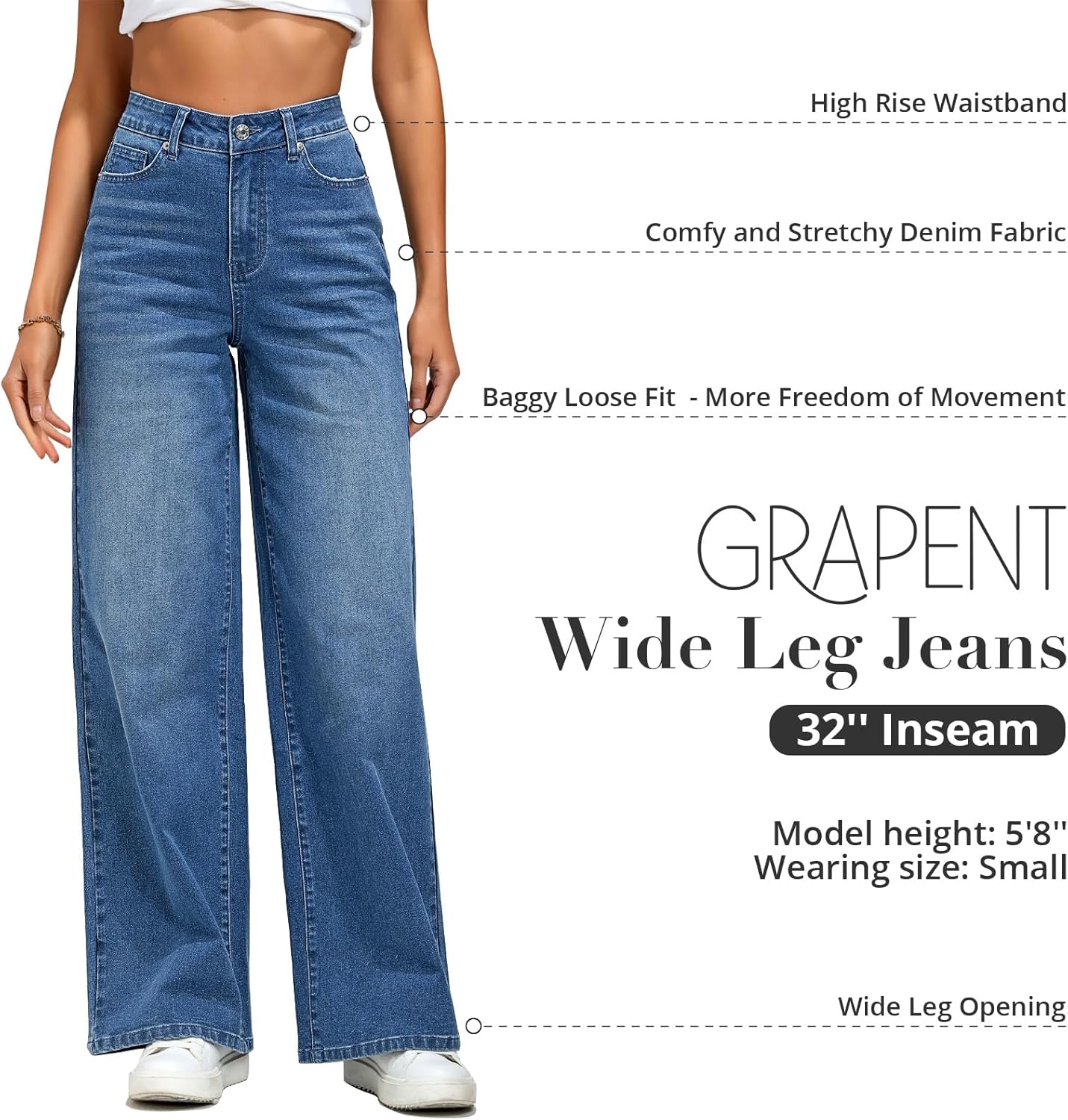 GRAPENT Wide Leg Jeans for Women Trendy High Waisted Stretchy Denim Pants 90s Baggy Jeans Trouser Jeans with PocketsFresh Bright Blue