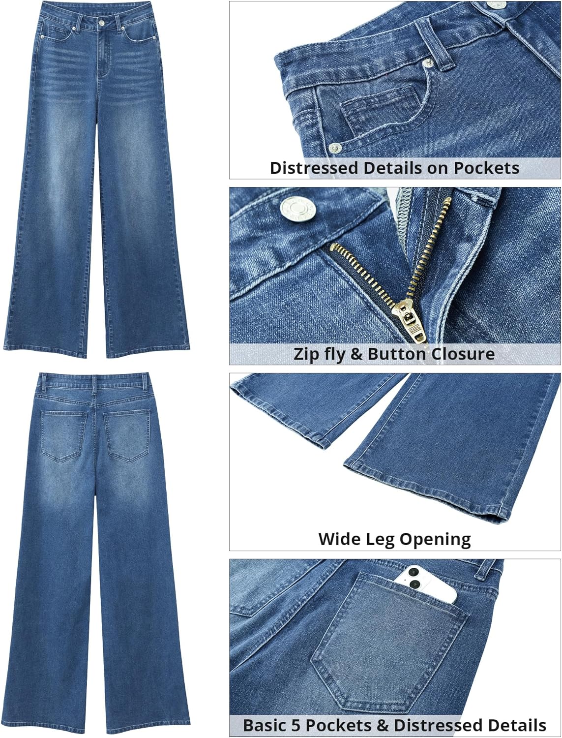 GRAPENT Wide Leg Jeans for Women Trendy High Waisted Stretchy Denim Pants 90s Baggy Jeans Trouser Jeans with PocketsFresh Bright Blue