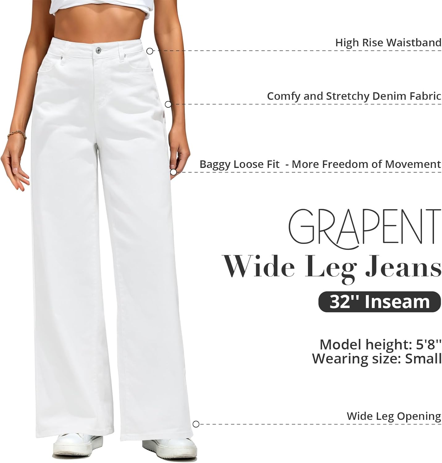 GRAPENT Wide Leg Jeans for Women Trendy High Waisted Stretchy Denim Pants 90s Baggy Jeans Trouser Jeans with PocketsIvory White