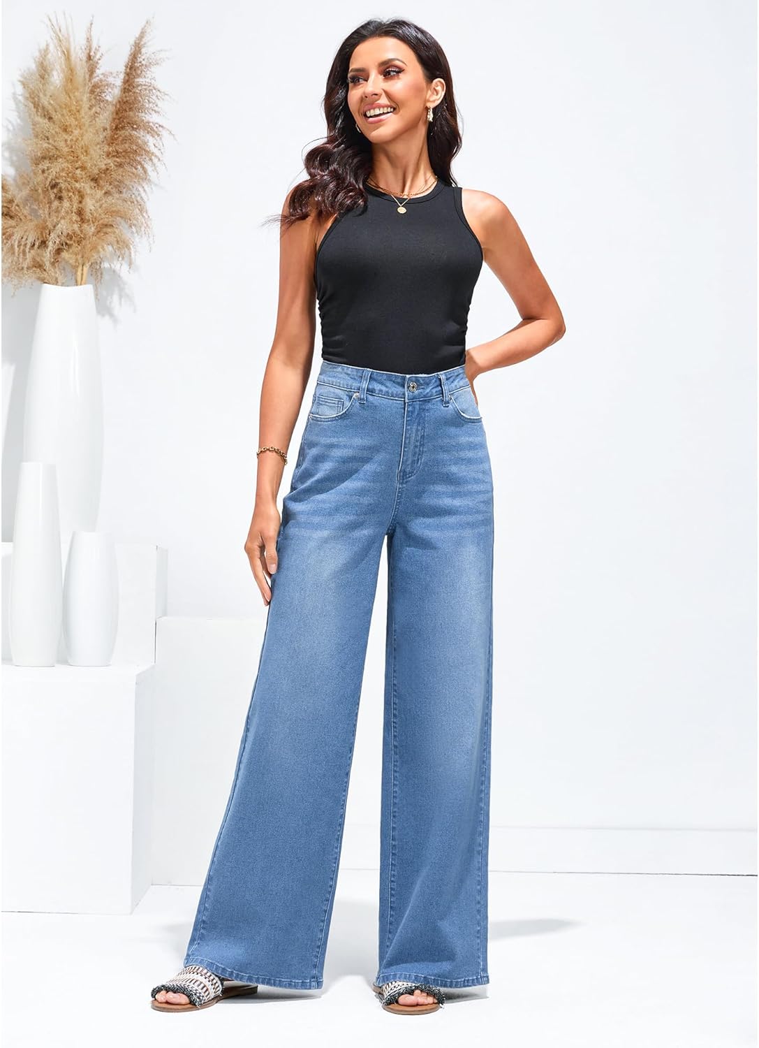 GRAPENT Wide Leg Jeans for Women Trendy High Waisted Stretchy Denim Pants 90s Baggy Jeans Trouser Jeans with PocketsMedium Blue