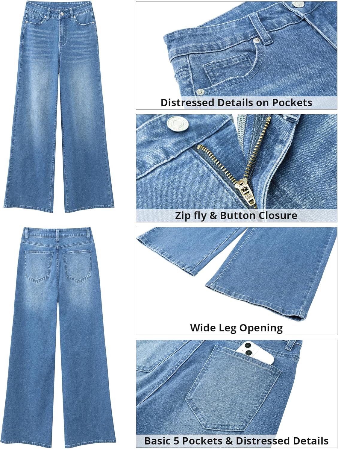 GRAPENT Wide Leg Jeans for Women Trendy High Waisted Stretchy Denim Pants 90s Baggy Jeans Trouser Jeans with PocketsMedium Blue