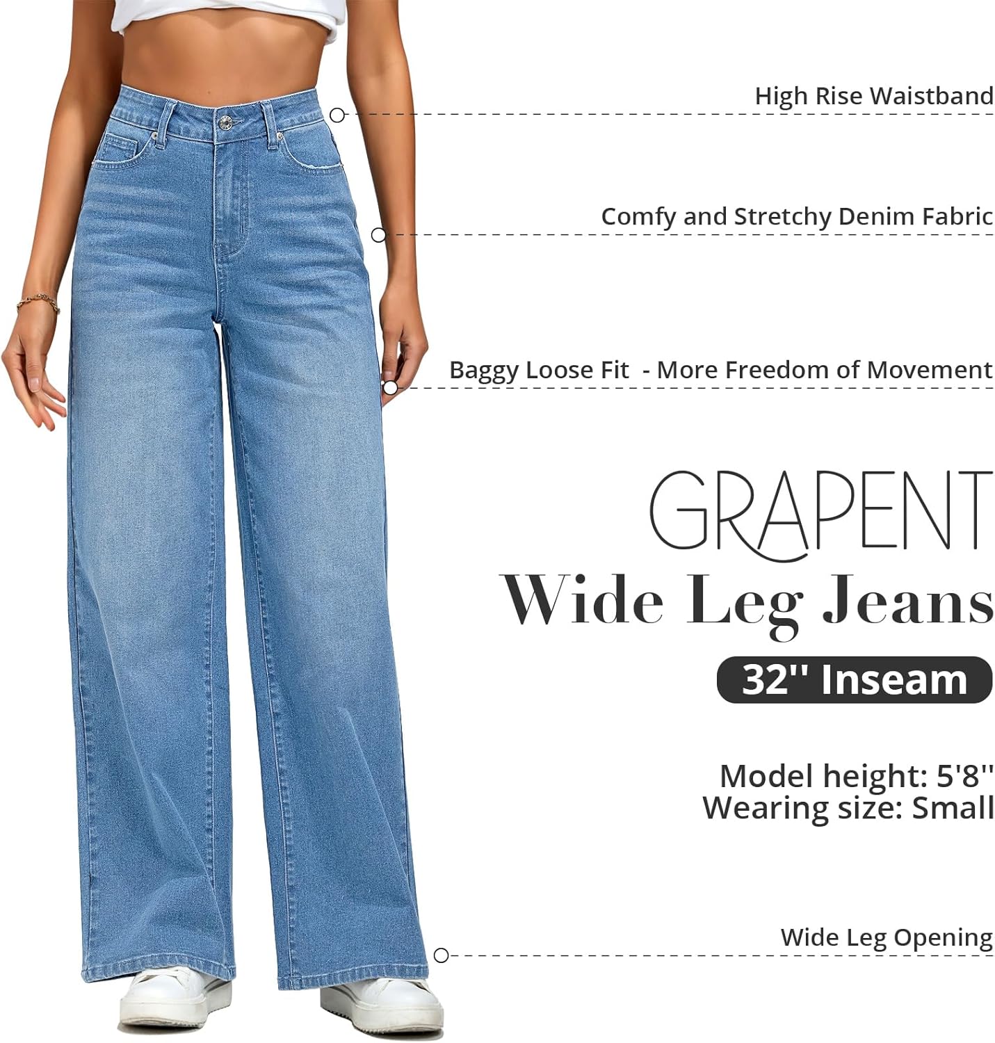 GRAPENT Wide Leg Jeans for Women Trendy High Waisted Stretchy Denim Pants 90s Baggy Jeans Trouser Jeans with PocketsMedium Blue