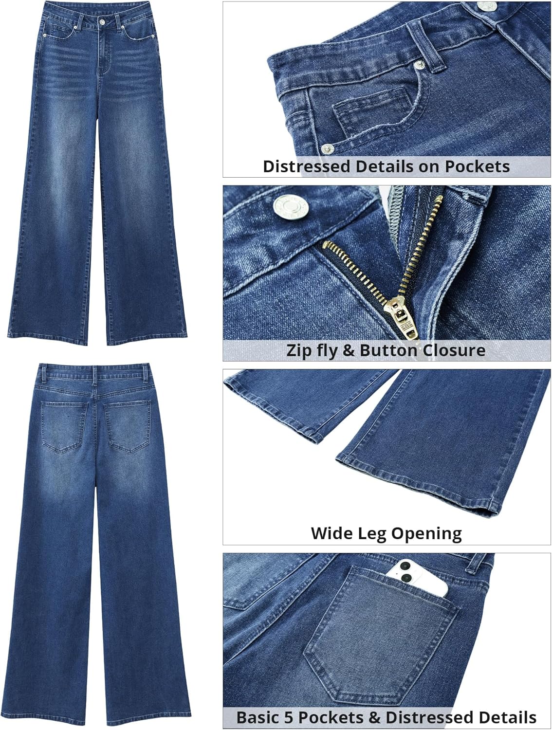 GRAPENT Wide Leg Jeans for Women Trendy High Waisted Stretchy Denim Pants 90s Baggy Jeans Trouser Jeans with PocketsNightfall Blue