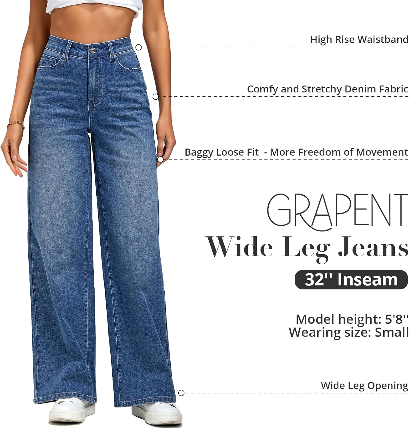 GRAPENT Wide Leg Jeans for Women Trendy High Waisted Stretchy Denim Pants 90s Baggy Jeans Trouser Jeans with PocketsNightfall Blue