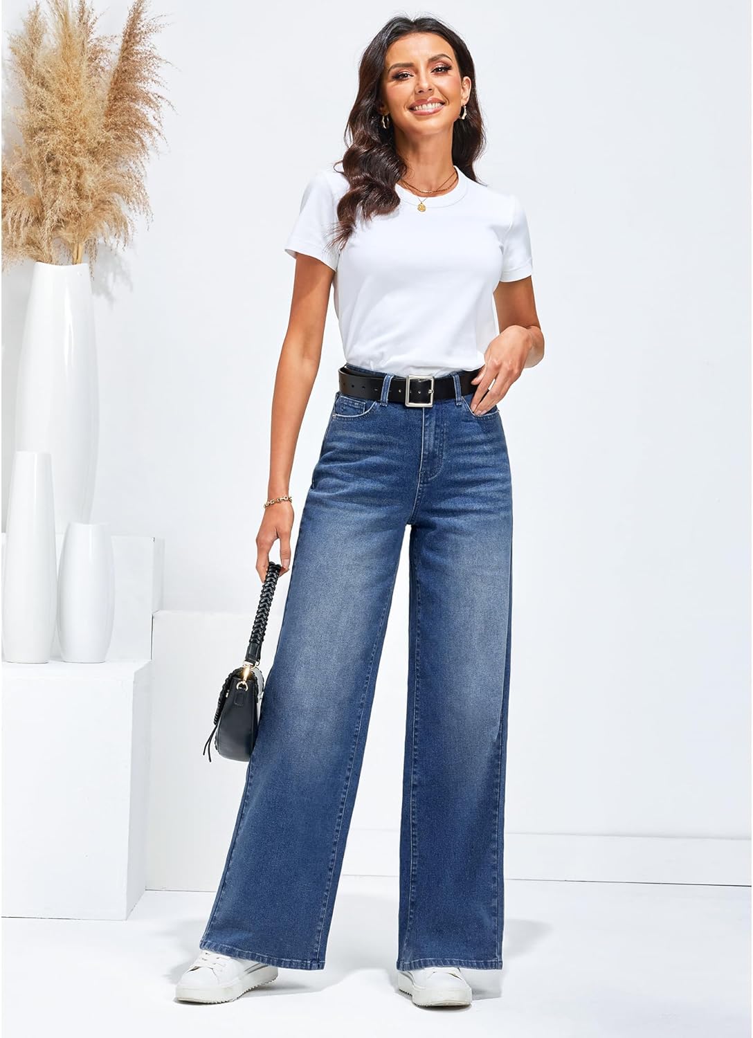GRAPENT Wide Leg Jeans for Women Trendy High Waisted Stretchy Denim Pants 90s Baggy Jeans Trouser Jeans with PocketsNightfall Blue