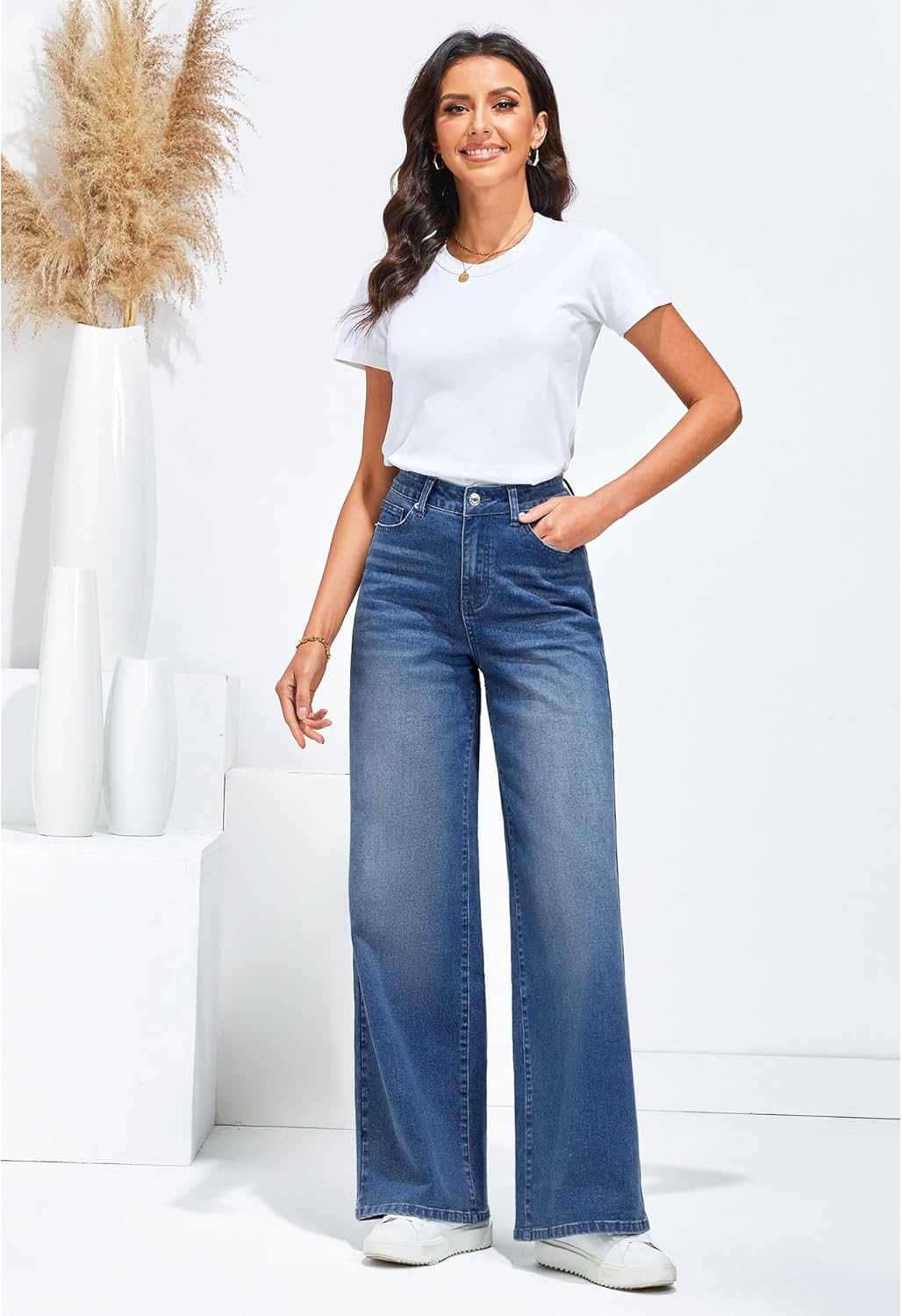 GRAPENT Wide Leg Jeans for Women Trendy High Waisted Stretchy Denim Pants 90s Baggy Jeans Trouser Jeans with PocketsNightfall Blue