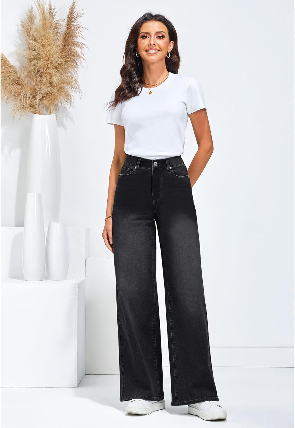 GRAPENT Wide Leg Jeans for Women Trendy High Waisted Stretchy Denim Pants 90s Baggy Jeans Trouser Jeans with PocketsTrue Black