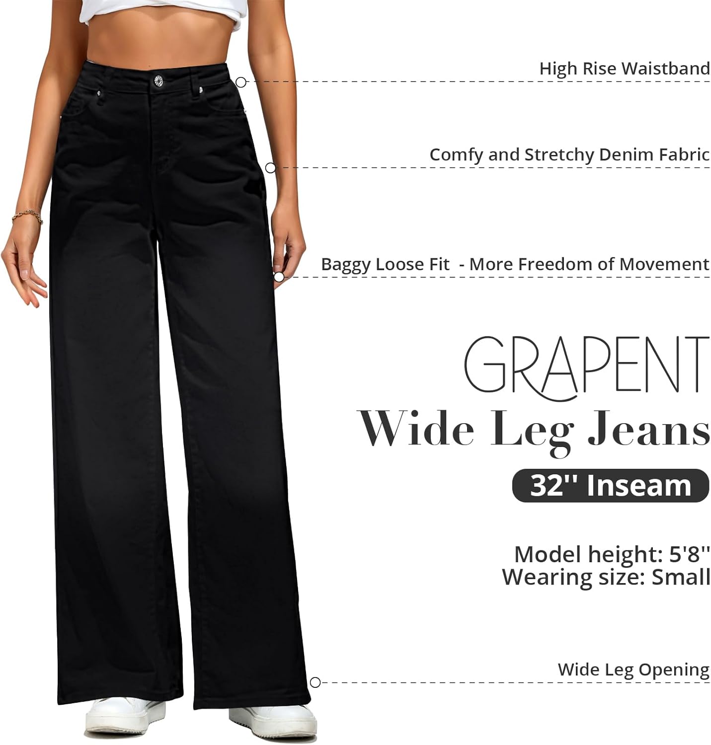 GRAPENT Wide Leg Jeans for Women Trendy High Waisted Stretchy Denim Pants 90s Baggy Jeans Trouser Jeans with PocketsTrue Black