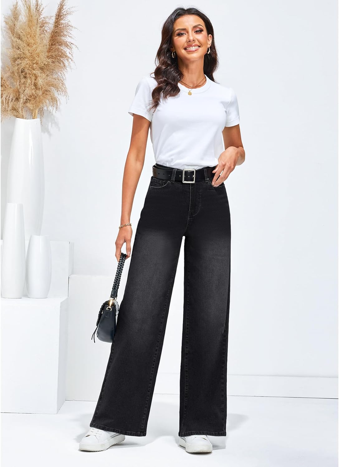 GRAPENT Wide Leg Jeans for Women Trendy High Waisted Stretchy Denim Pants 90s Baggy Jeans Trouser Jeans with PocketsTrue Black