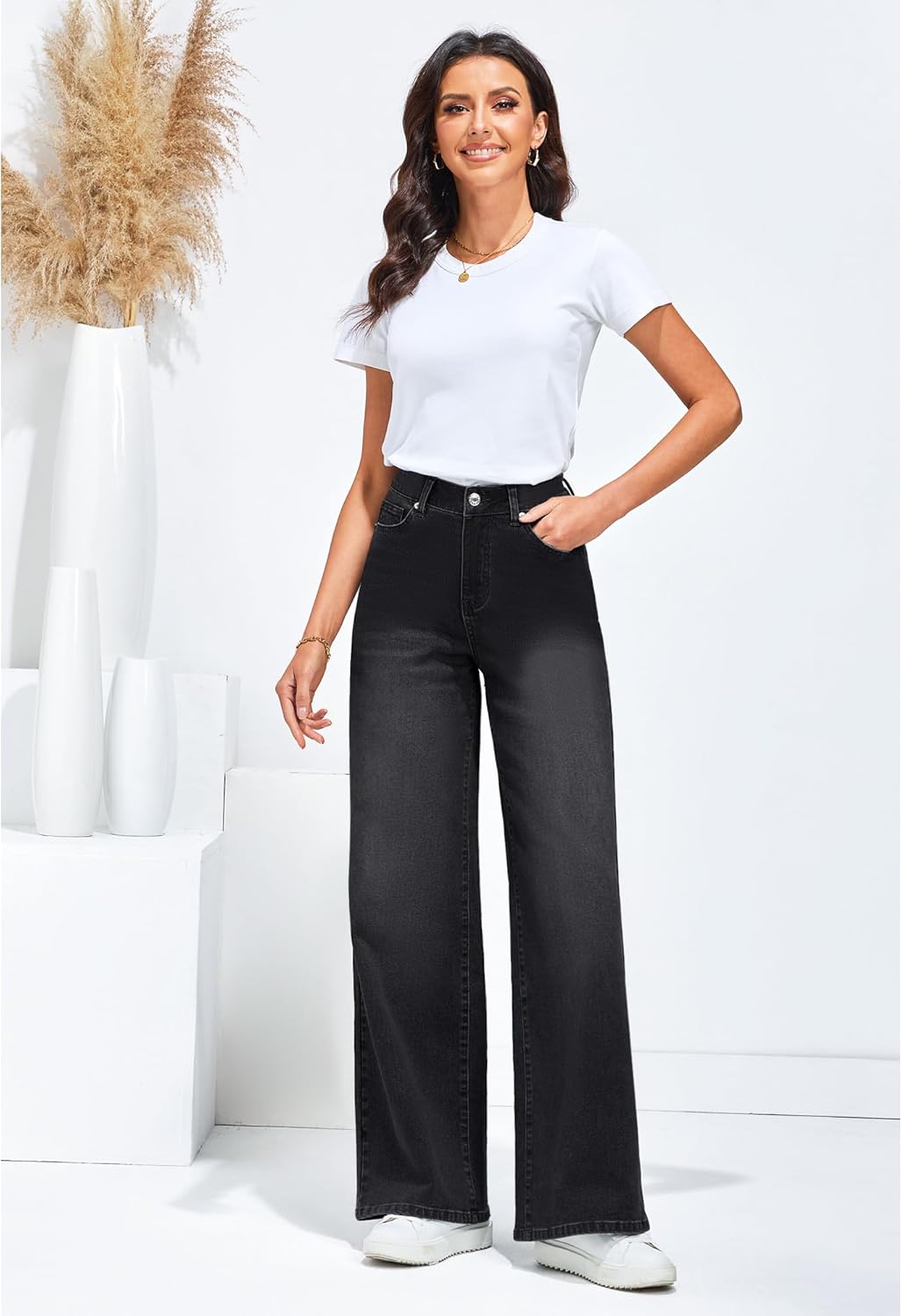GRAPENT Wide Leg Jeans for Women Trendy High Waisted Stretchy Denim Pants 90s Baggy Jeans Trouser Jeans with PocketsTrue Black