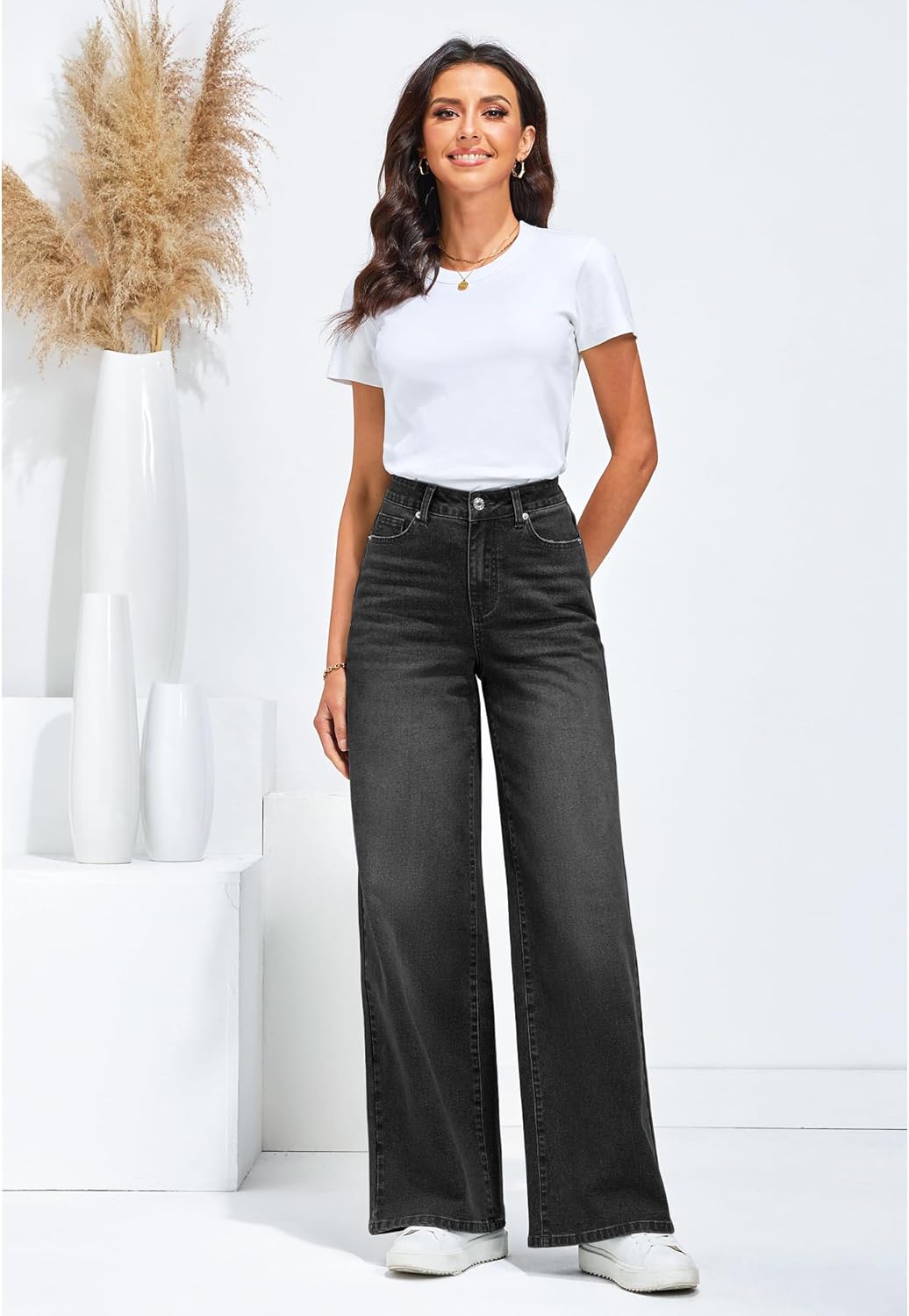 GRAPENT Wide Leg Jeans for Women Trendy High Waisted Stretchy Denim Pants 90s Baggy Jeans Trouser Jeans with PocketsWased Black