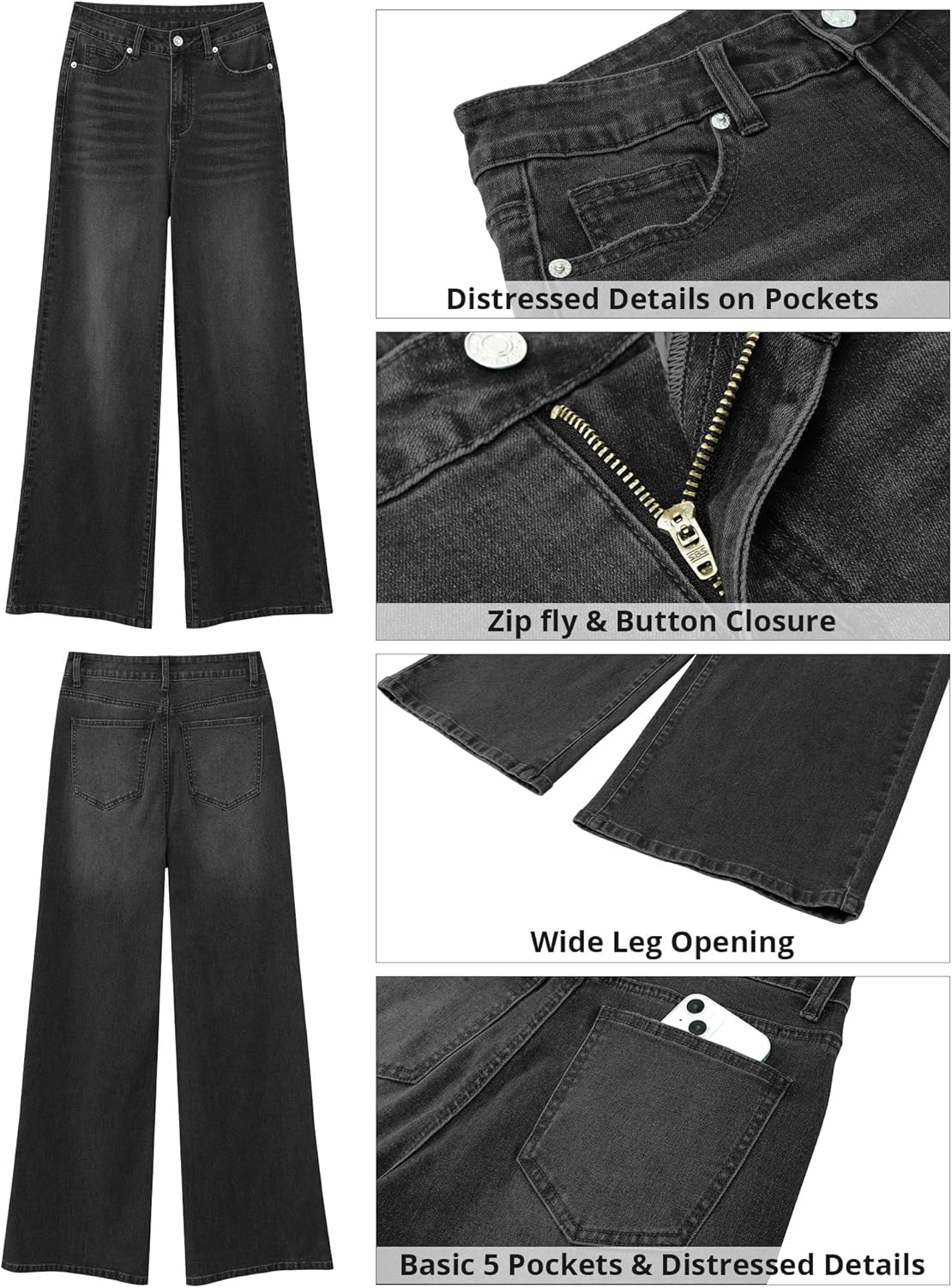 GRAPENT Wide Leg Jeans for Women Trendy High Waisted Stretchy Denim Pants 90s Baggy Jeans Trouser Jeans with PocketsWased Black