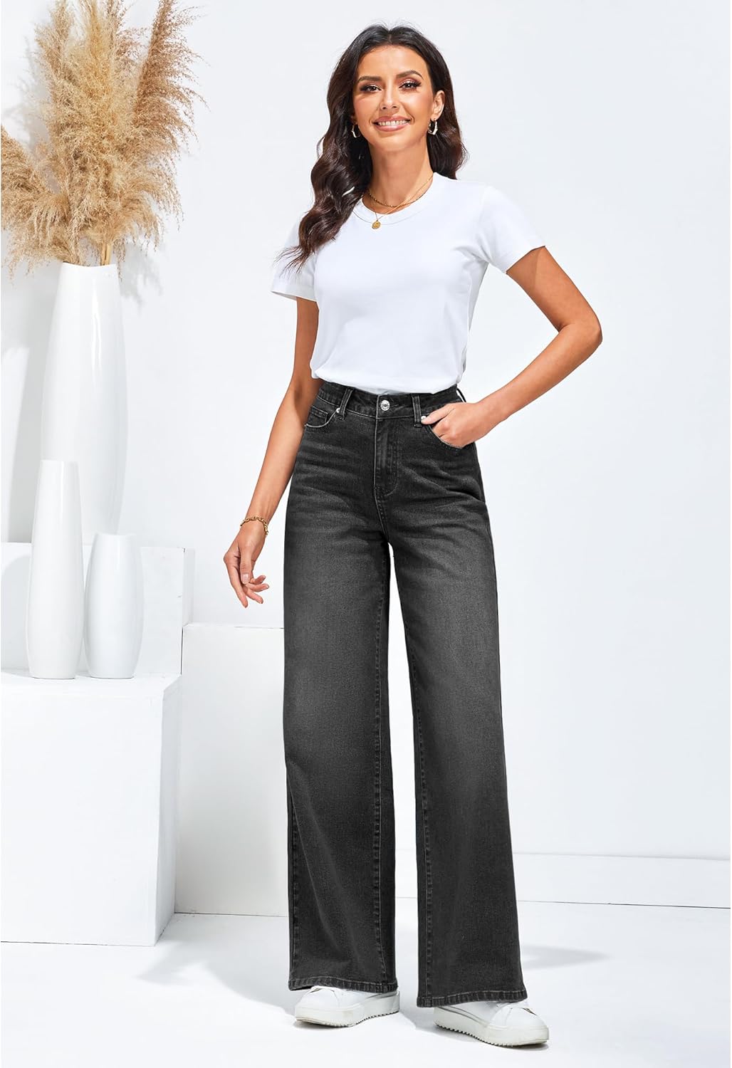 GRAPENT Wide Leg Jeans for Women Trendy High Waisted Stretchy Denim Pants 90s Baggy Jeans Trouser Jeans with PocketsWased Black