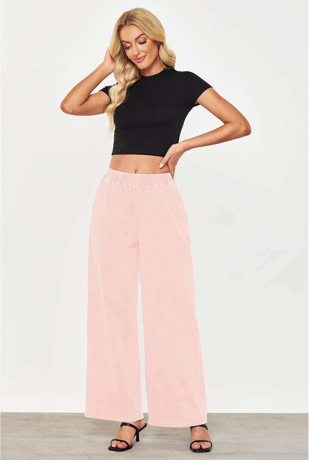GRAPENT Wide Leg Pants Woman Pull On High Waisted Baggy Straight Leg Colored Jeans Stretch Twill Trouser Pants for WomenBaby Pink