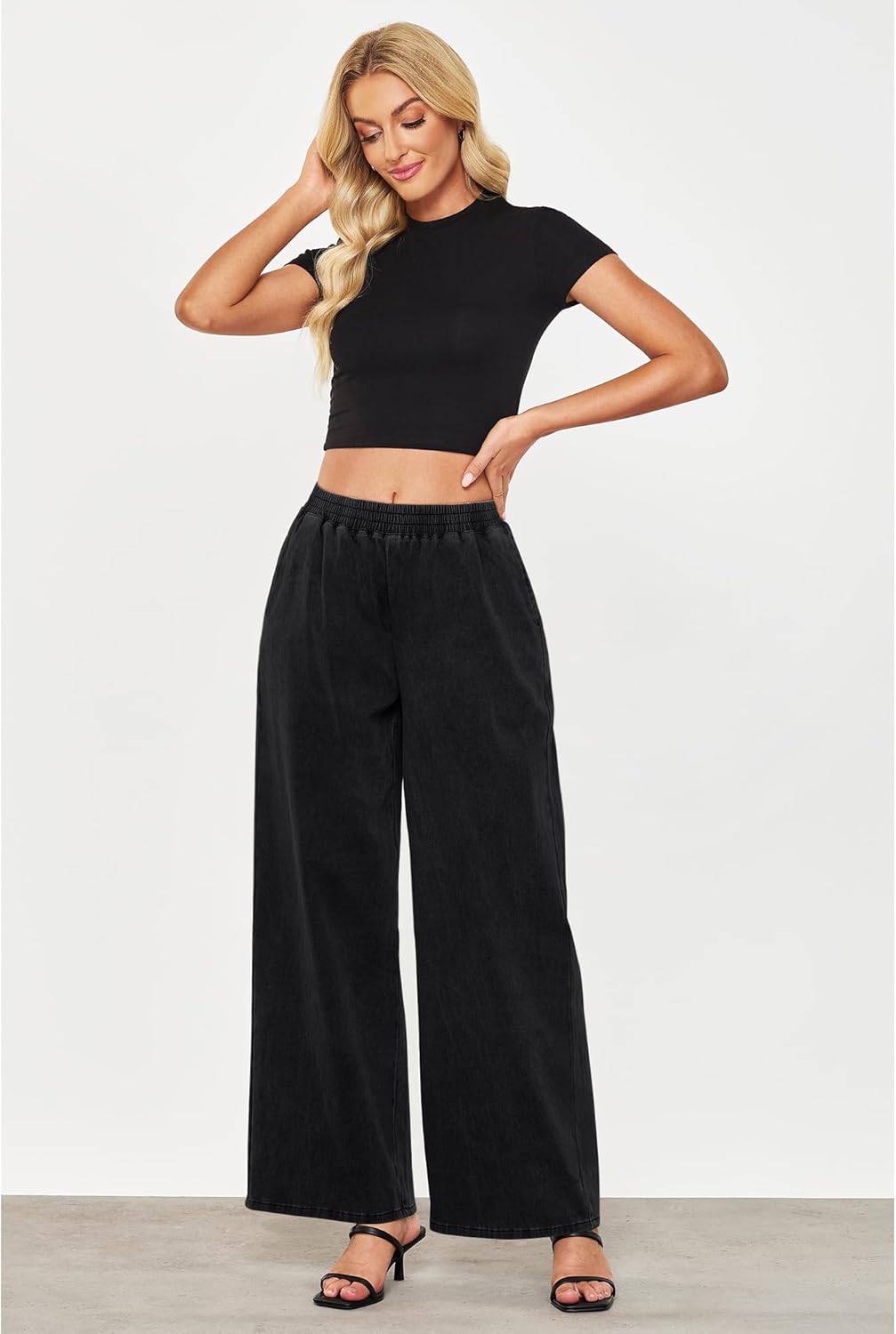 GRAPENT Wide Leg Pants Woman Pull On High Waisted Baggy Straight Leg Colored Jeans Stretch Twill Trouser Pants for WomenBlack