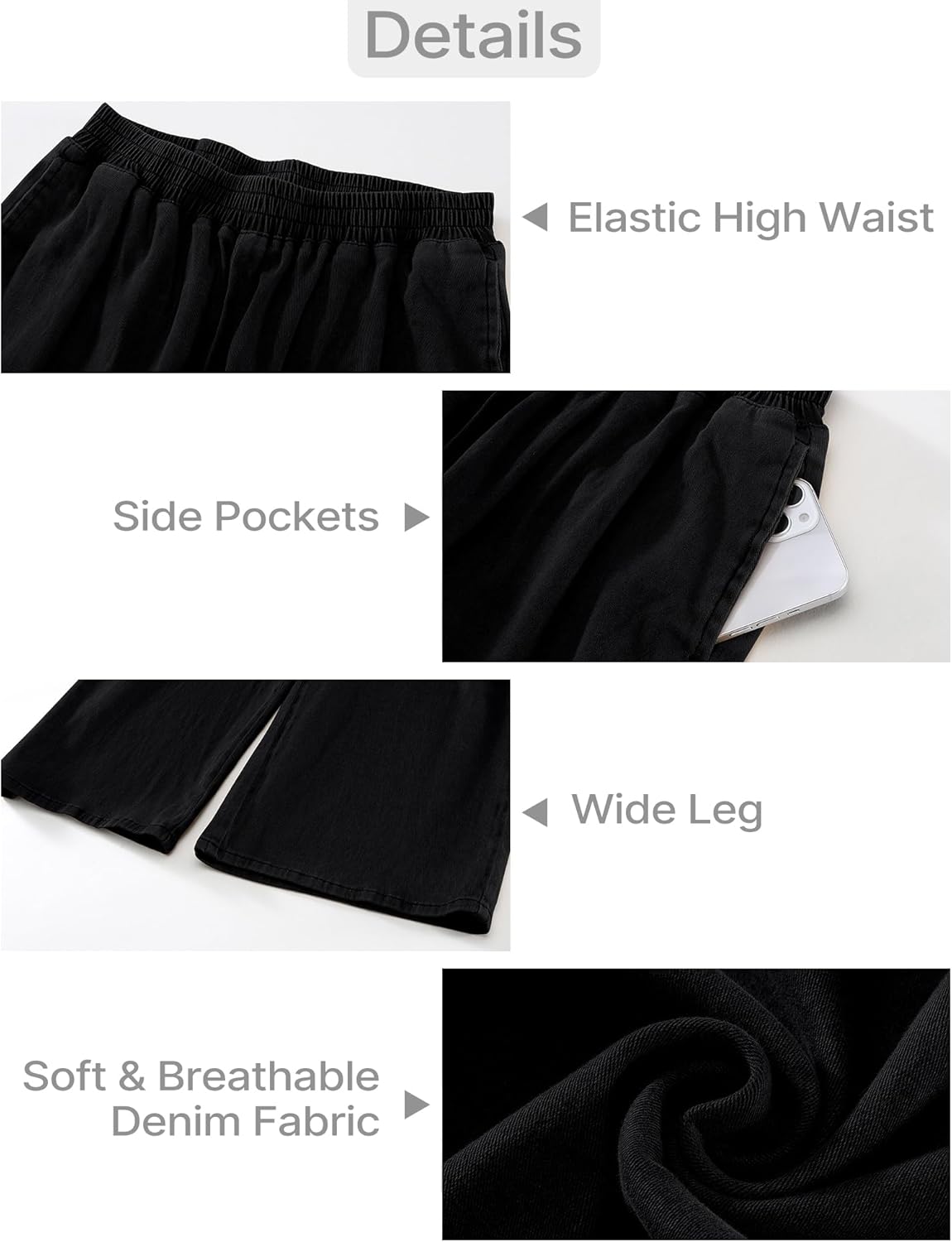 GRAPENT Wide Leg Pants Woman Pull On High Waisted Baggy Straight Leg Colored Jeans Stretch Twill Trouser Pants for WomenBlack