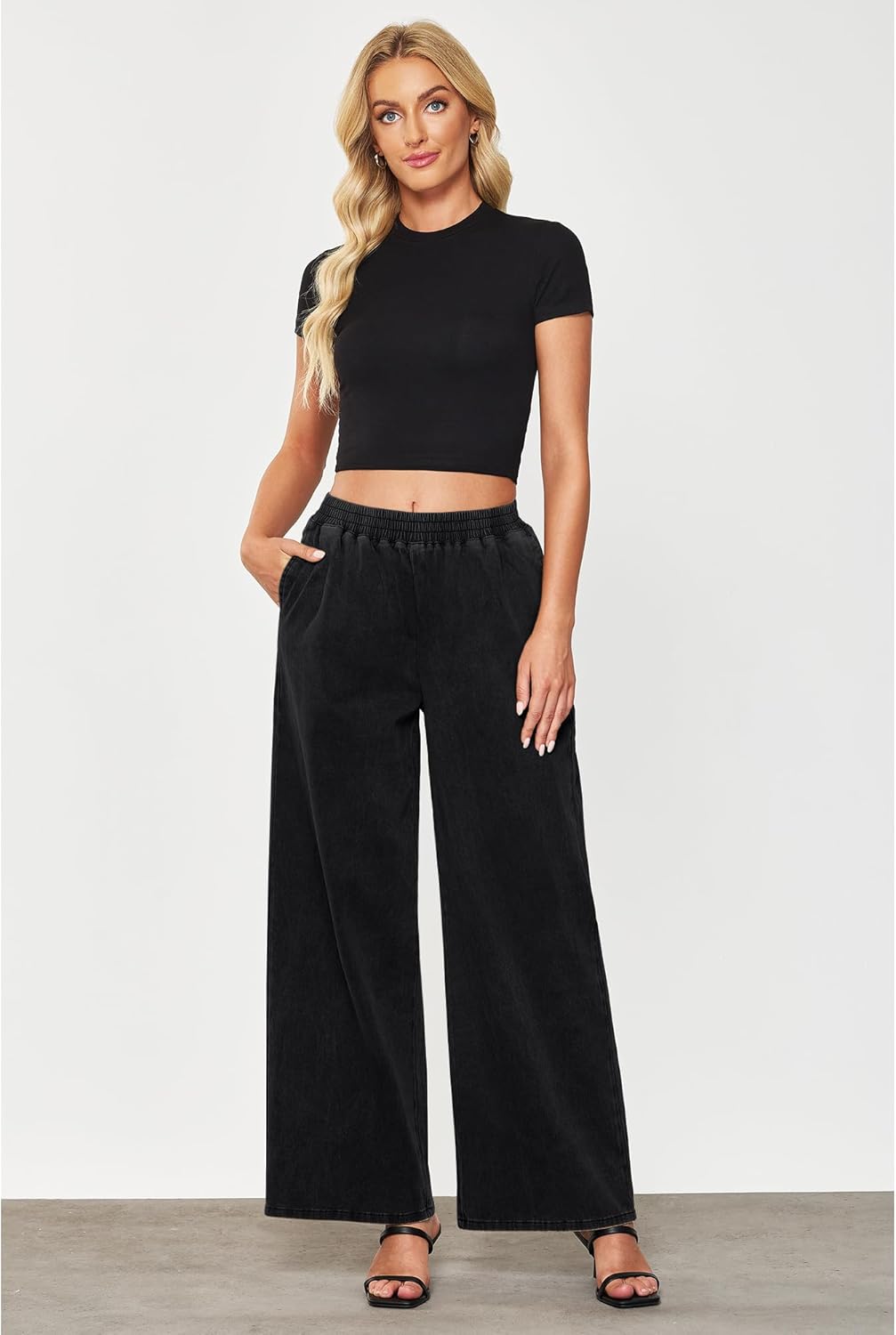 GRAPENT Wide Leg Pants Woman Pull On High Waisted Baggy Straight Leg Colored Jeans Stretch Twill Trouser Pants for WomenBlack