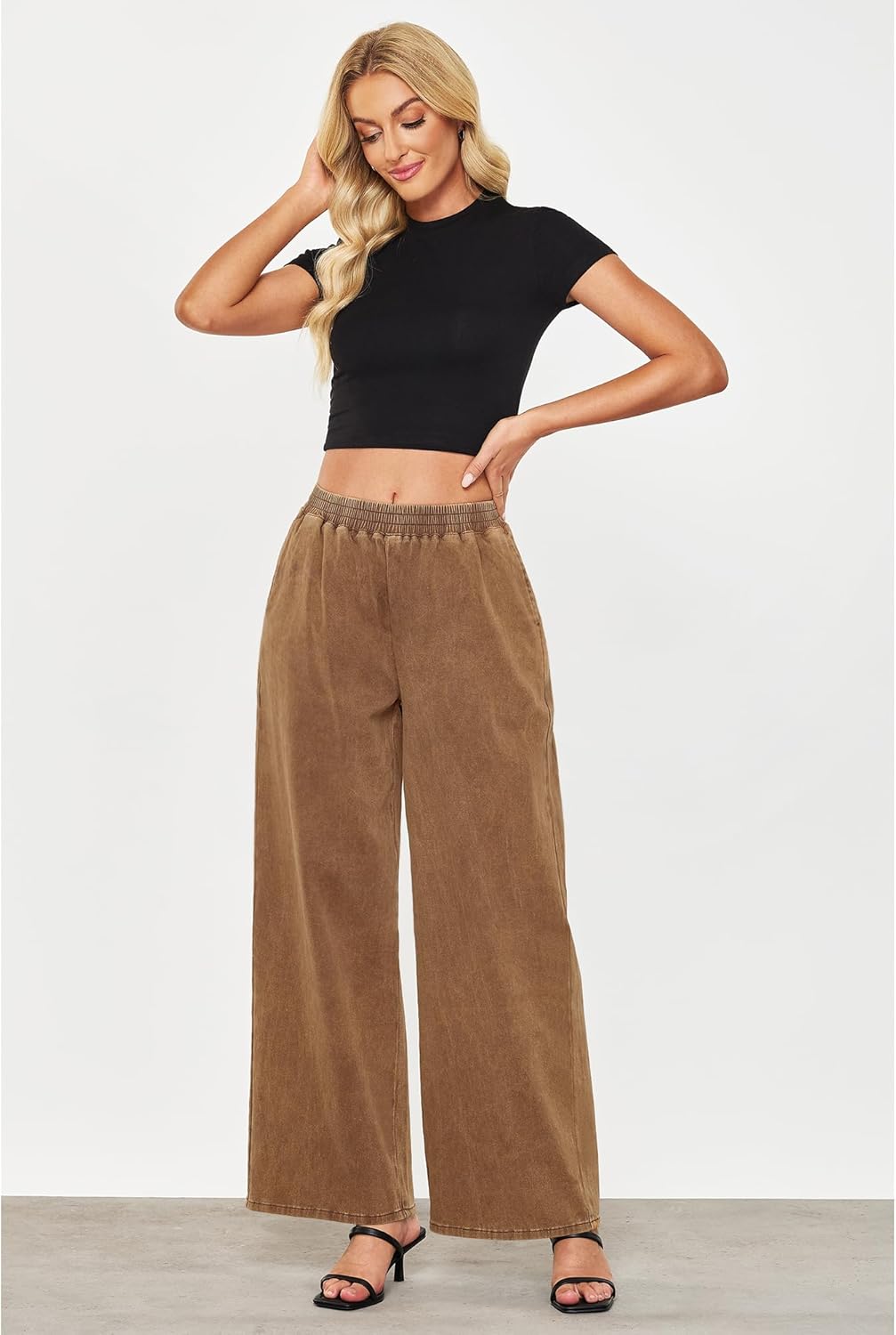 GRAPENT Wide Leg Pants Woman Pull On High Waisted Baggy Straight Leg Colored Jeans Stretch Twill Trouser Pants for WomenBronze Brown