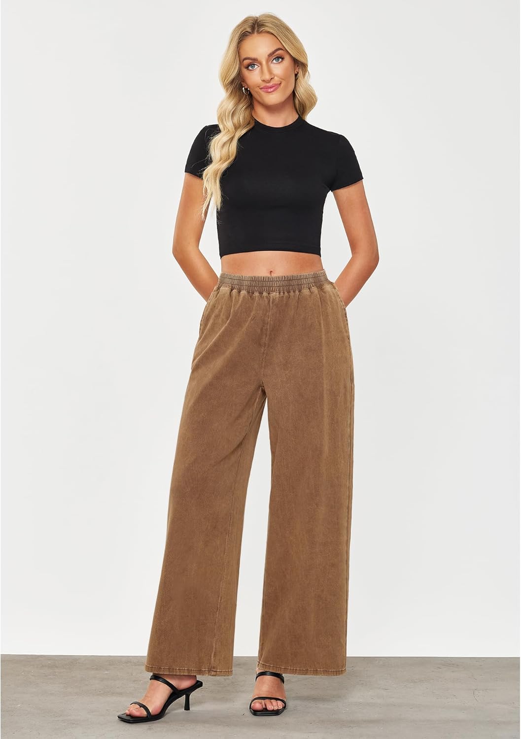 GRAPENT Wide Leg Pants Woman Pull On High Waisted Baggy Straight Leg Colored Jeans Stretch Twill Trouser Pants for WomenBronze Brown