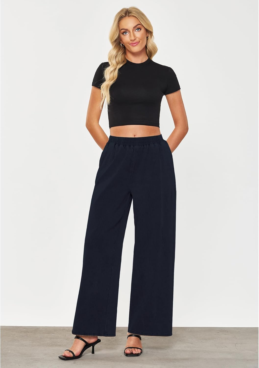 GRAPENT Wide Leg Pants Woman Pull On High Waisted Baggy Straight Leg Colored Jeans Stretch Twill Trouser Pants for WomenNavy Blue