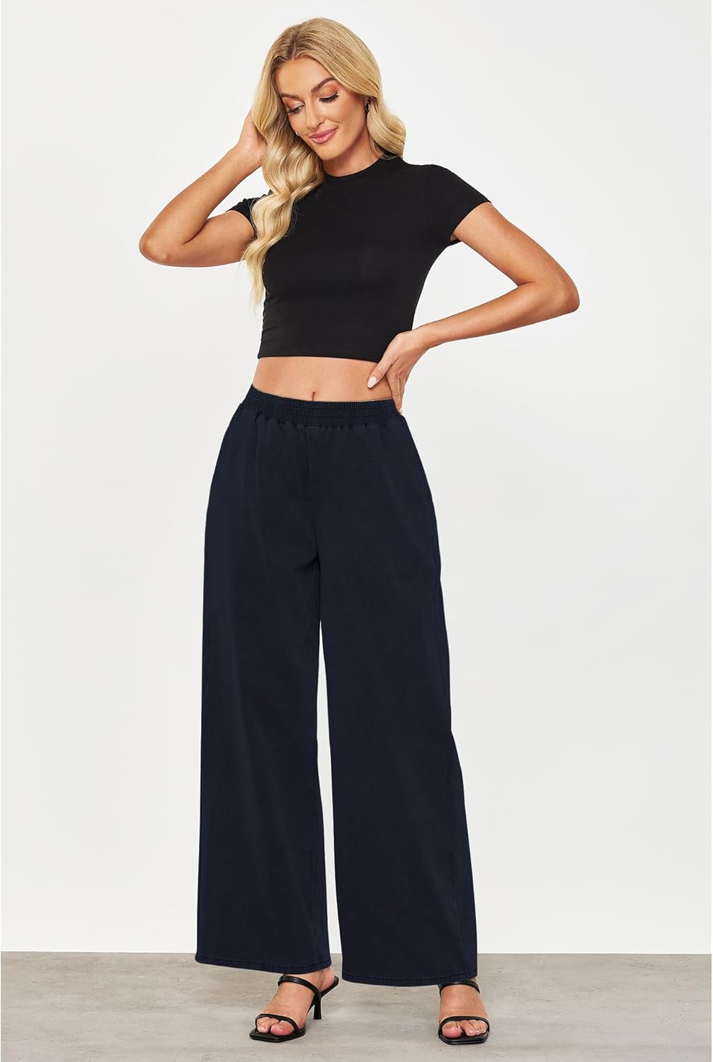 GRAPENT Wide Leg Pants Woman Pull On High Waisted Baggy Straight Leg Colored Jeans Stretch Twill Trouser Pants for WomenNavy Blue