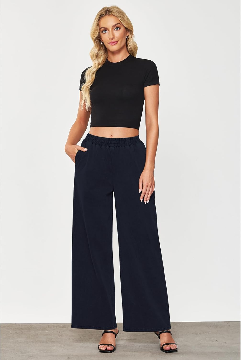 GRAPENT Wide Leg Pants Woman Pull On High Waisted Baggy Straight Leg Colored Jeans Stretch Twill Trouser Pants for WomenNavy Blue