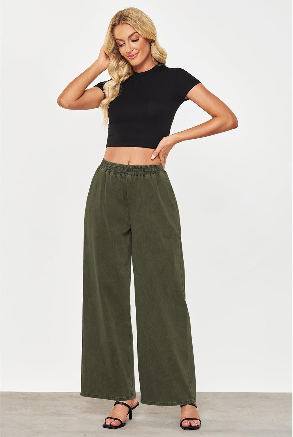 GRAPENT Wide Leg Pants Woman Pull On High Waisted Baggy Straight Leg Colored Jeans Stretch Twill Trouser Pants for WomenOlive Green