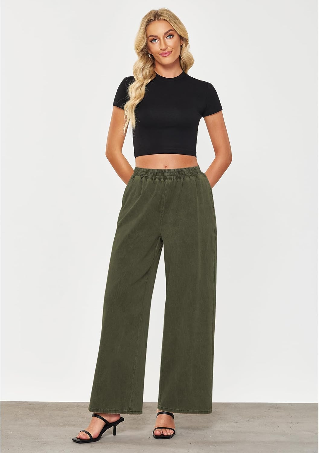 GRAPENT Wide Leg Pants Woman Pull On High Waisted Baggy Straight Leg Colored Jeans Stretch Twill Trouser Pants for WomenOlive Green