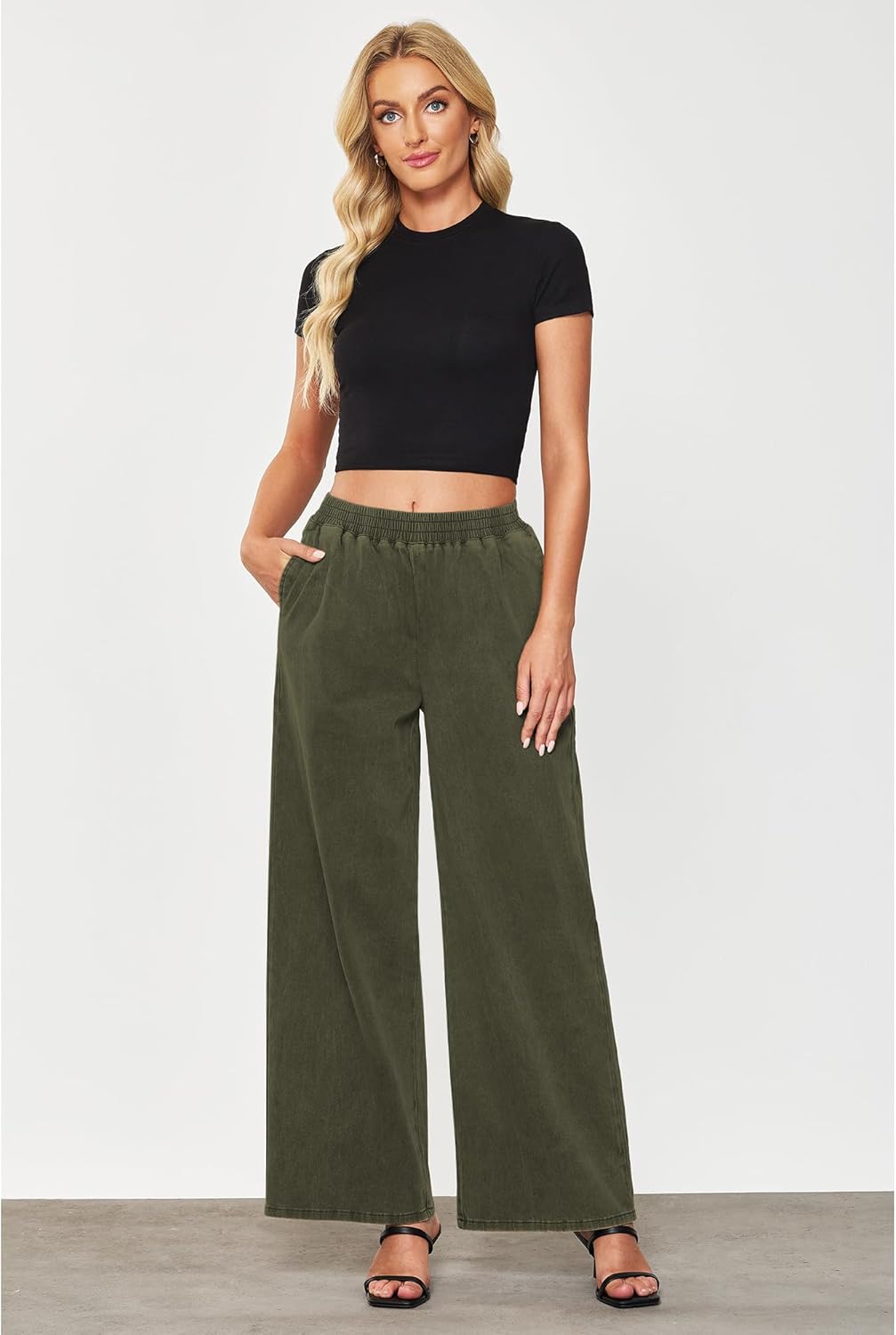GRAPENT Wide Leg Pants Woman Pull On High Waisted Baggy Straight Leg Colored Jeans Stretch Twill Trouser Pants for WomenOlive Green
