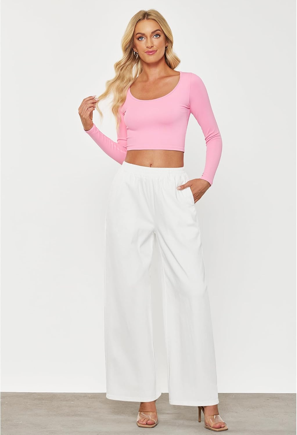 GRAPENT Wide Leg Pants Woman Pull On High Waisted Baggy Straight Leg Colored Jeans Stretch Twill Trouser Pants for WomenWhite
