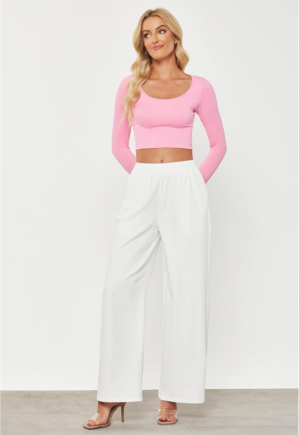 GRAPENT Wide Leg Pants Woman Pull On High Waisted Baggy Straight Leg Colored Jeans Stretch Twill Trouser Pants for WomenWhite