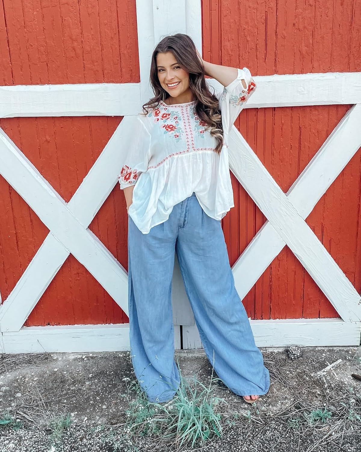 GRAPENT Wide Leg Pants for Women High Waisted Jeans Palazzo Pants Lightweight Summer Beach Flowy Trousers Y2KAir Blue