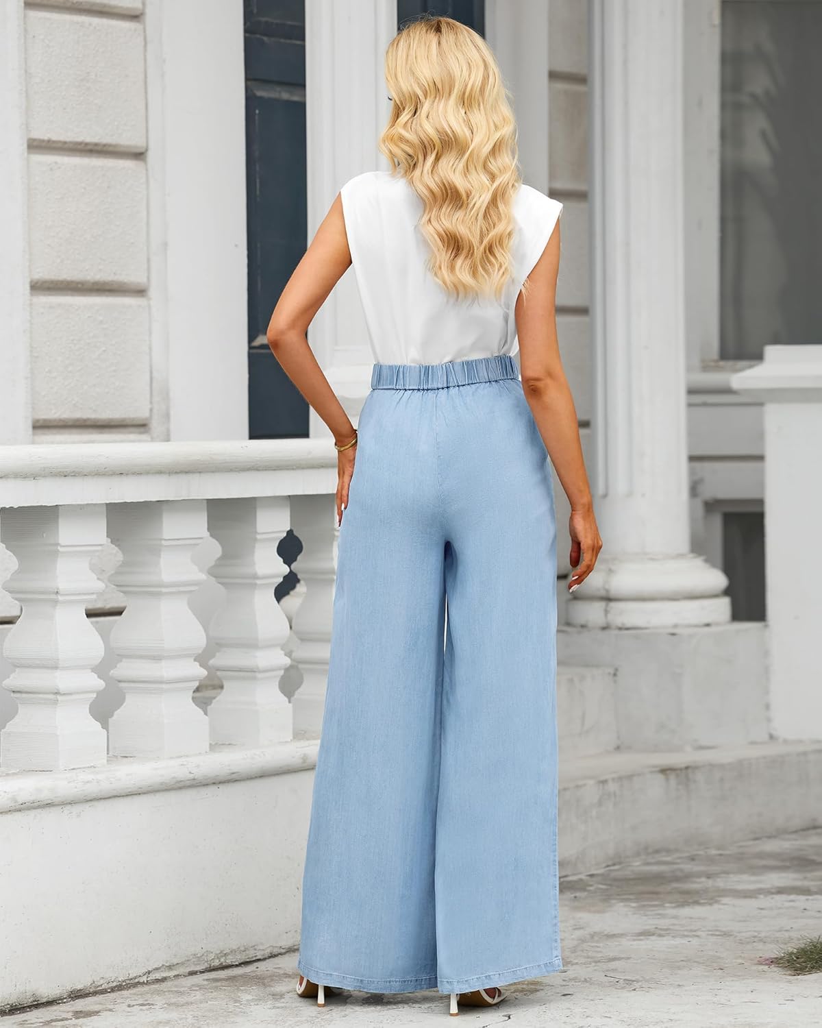GRAPENT Wide Leg Pants for Women High Waisted Jeans Palazzo Pants Lightweight Summer Beach Flowy Trousers Y2KAir Blue