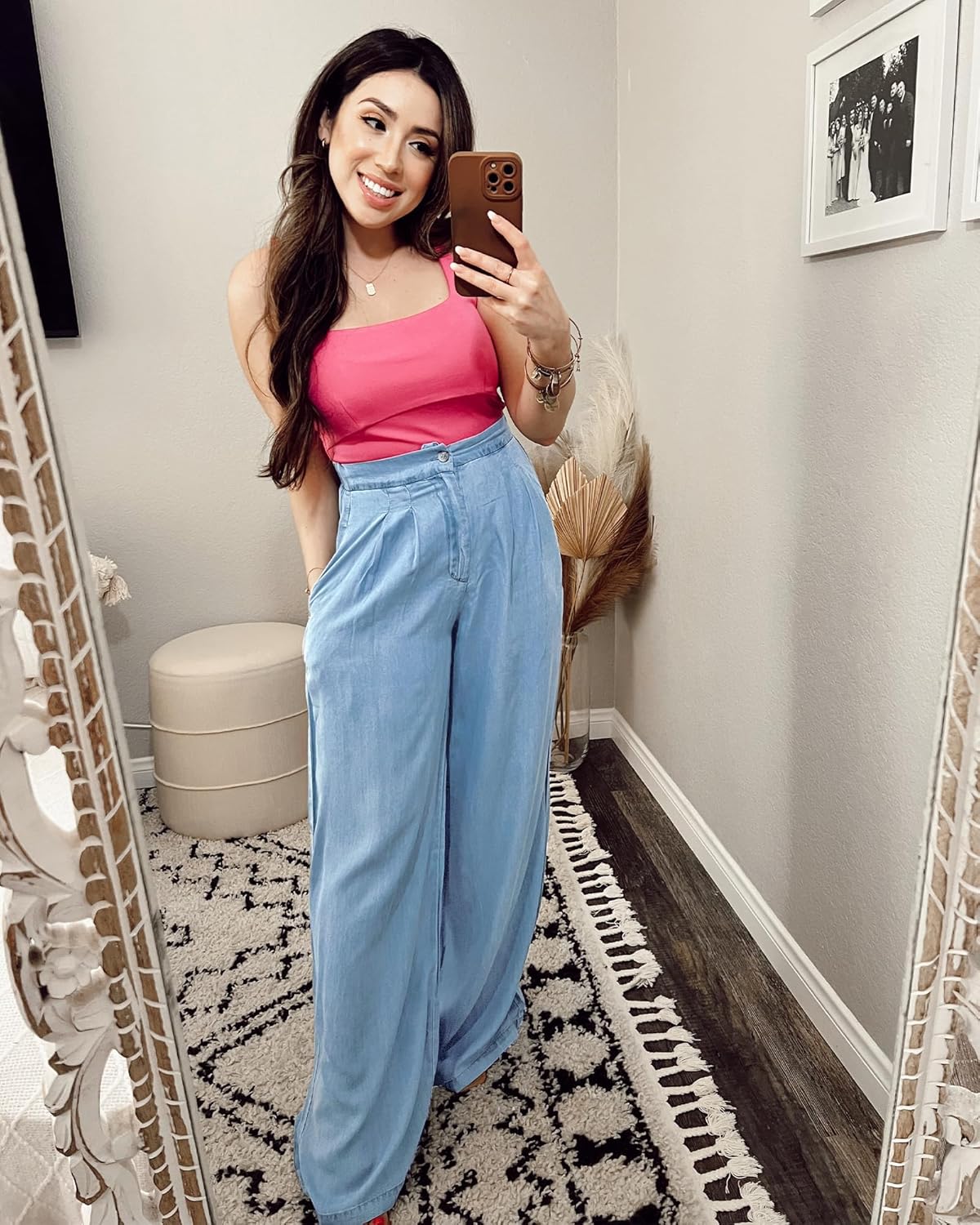 GRAPENT Wide Leg Pants for Women High Waisted Jeans Palazzo Pants Lightweight Summer Beach Flowy Trousers Y2KAir Blue