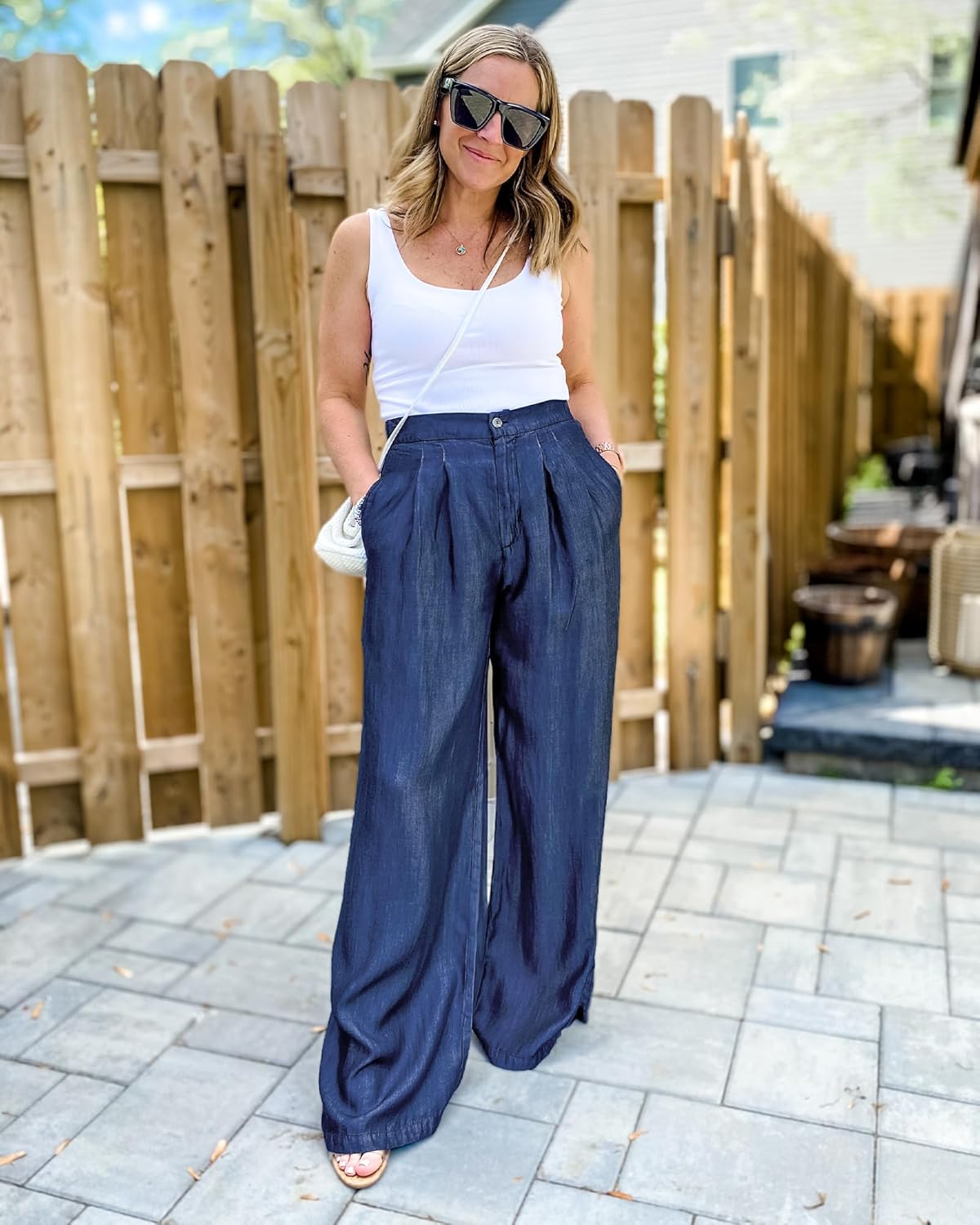 GRAPENT Wide Leg Pants for Women High Waisted Jeans Palazzo Pants Lightweight Summer Beach Flowy Trousers Y2KClassic Blue