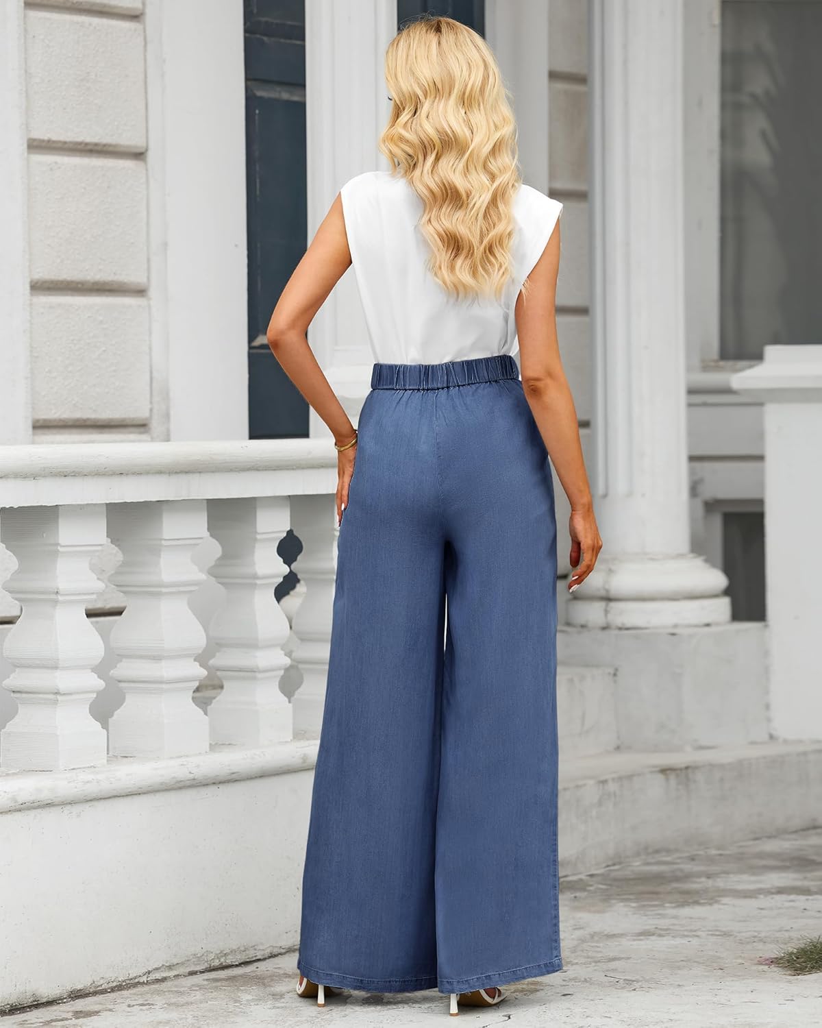 GRAPENT Wide Leg Pants for Women High Waisted Jeans Palazzo Pants Lightweight Summer Beach Flowy Trousers Y2KClassic Blue